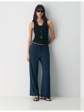 ARITZIA Lodge Pant Crepette Wide Leg Navy XL Short Drawstring Elevated Basic